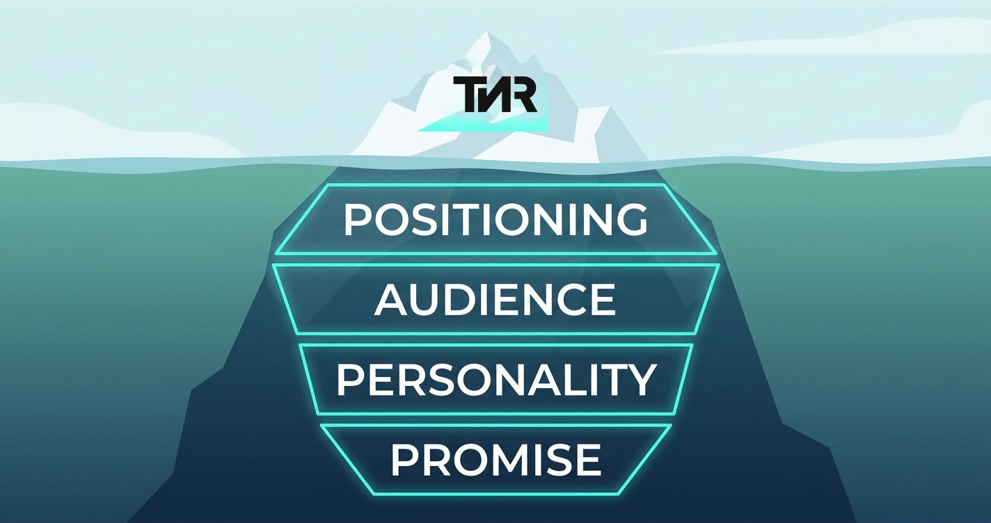 Brand strategy shown as the foundation beneath a visible brand identity, illustrated by TNR Design.